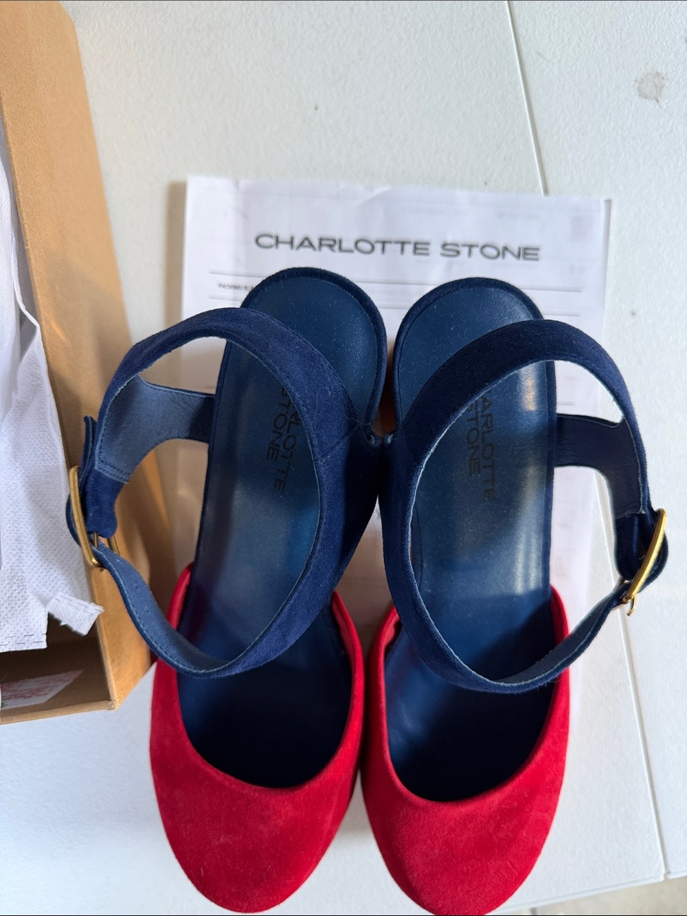 Charlotte Stone Red and Navy Suede Block Heel Slingbacks